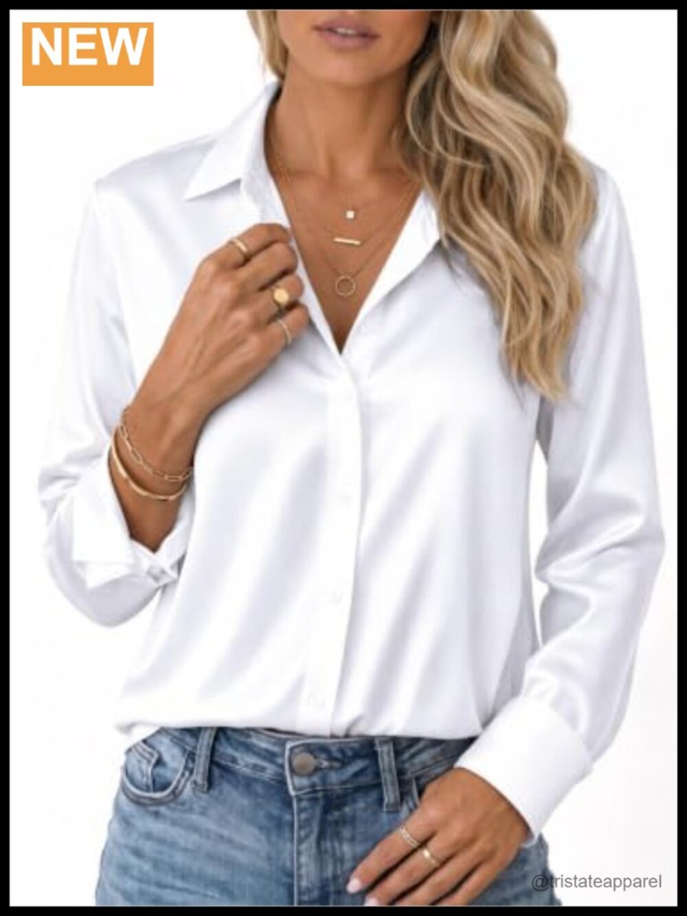 Silky Satin Button Down Shirt Blouse Pleated Back Roll-Up Sleeves Women's